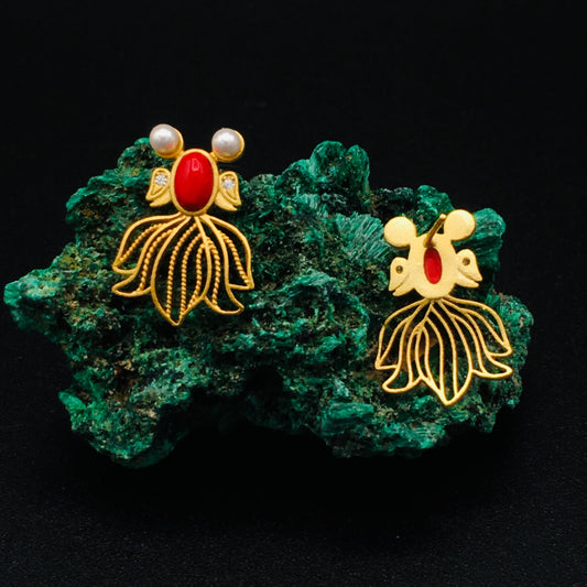 Goldfish Koi Earrings | Victorian-Style with Red Coral & Pearls | Boho Chic Jewelry