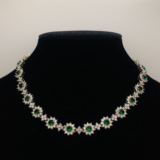 Emerald Flower Necklace with Match Stud Earrings Set