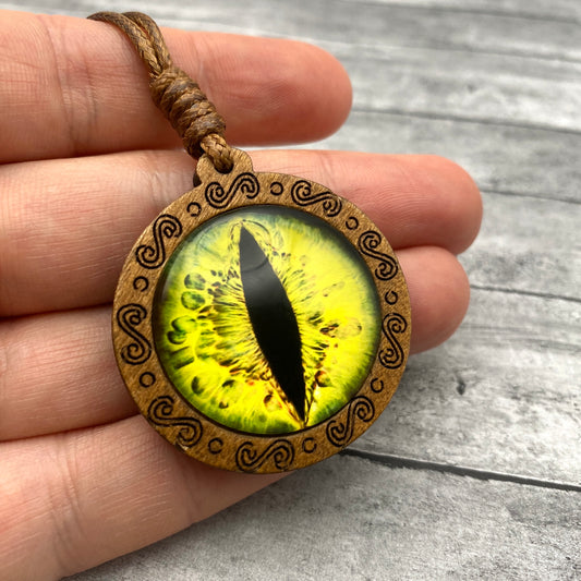 Antique Dragon Evil Eye Necklace | Lucky Green Monster Eye Pendant on Wooden Chain