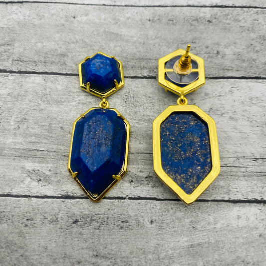 Natural Gemstone Blue Lapis Lazuli Dangle Earrings, Bohemian Style Gold-toned Birthstone Jewelry