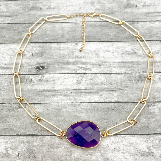 Gold Choker Necklace with Amethyst Pendant – February Birthstone, Personalized Jewelry