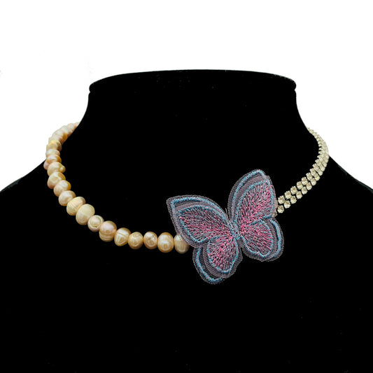 Purple Butterfly Pearl Choker Necklace – Elegant Layered Statement Jewelry