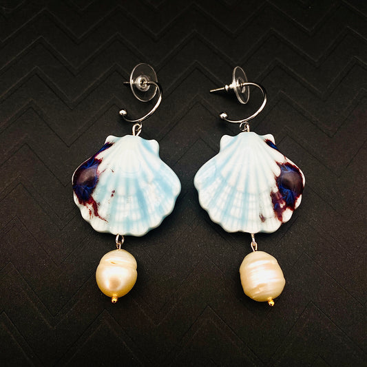 Blue Seashell & Freshwater Pearl Drop Earrings – Coastal Beach Dangle Earrings | Ocean-Inspired Statement Jewelry