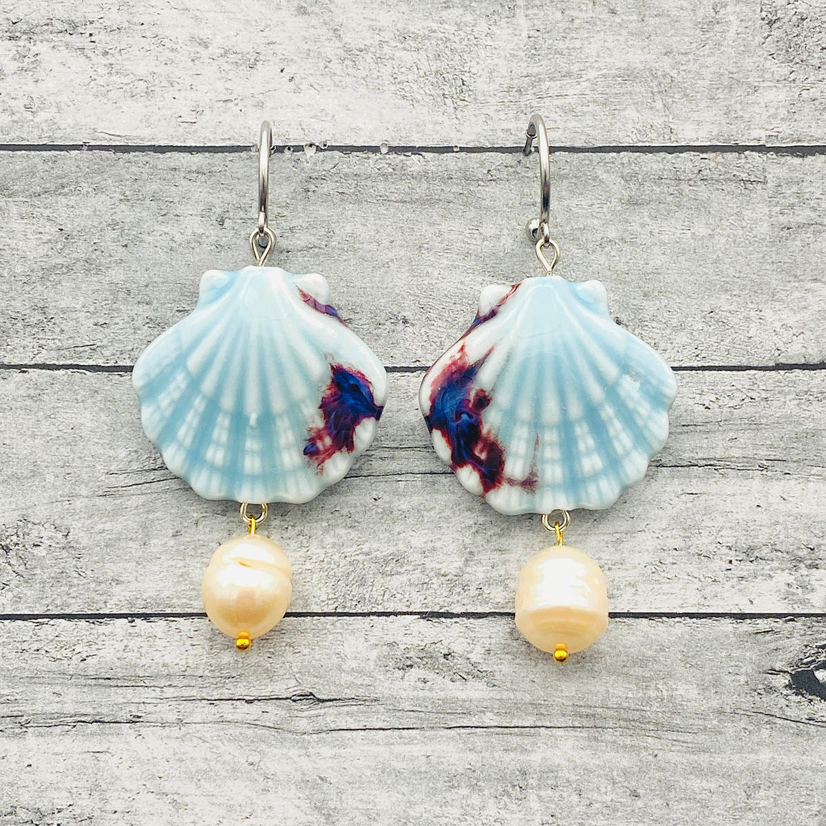 Blue Seashell & Freshwater Pearl Drop Earrings | Coastal Statement Jewelry