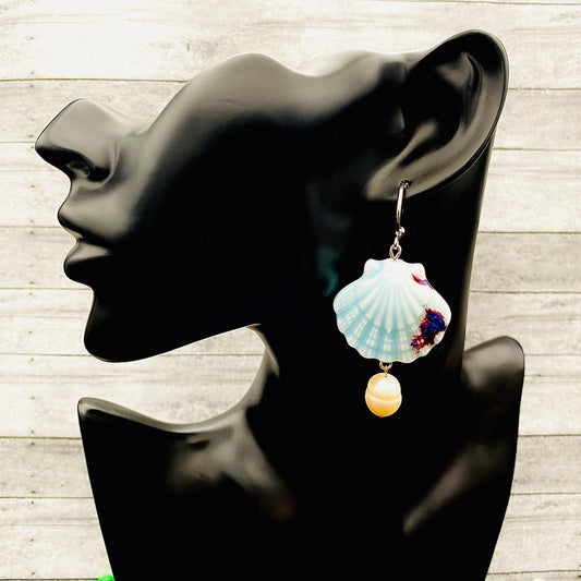Blue Seashell & Freshwater Pearl Drop Earrings | Coastal Statement Jewelry