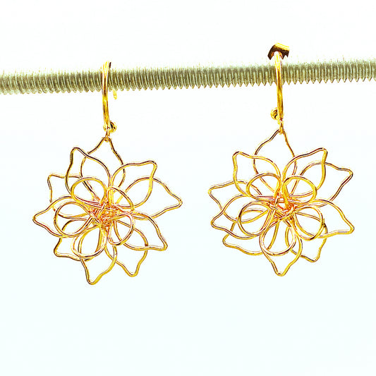 14K Gold Plated Hoop Earrings Featuring Handmade Wire Flower, Boho-Chic Natural Inspired Jewelry, Lightweight and Elegant Gift