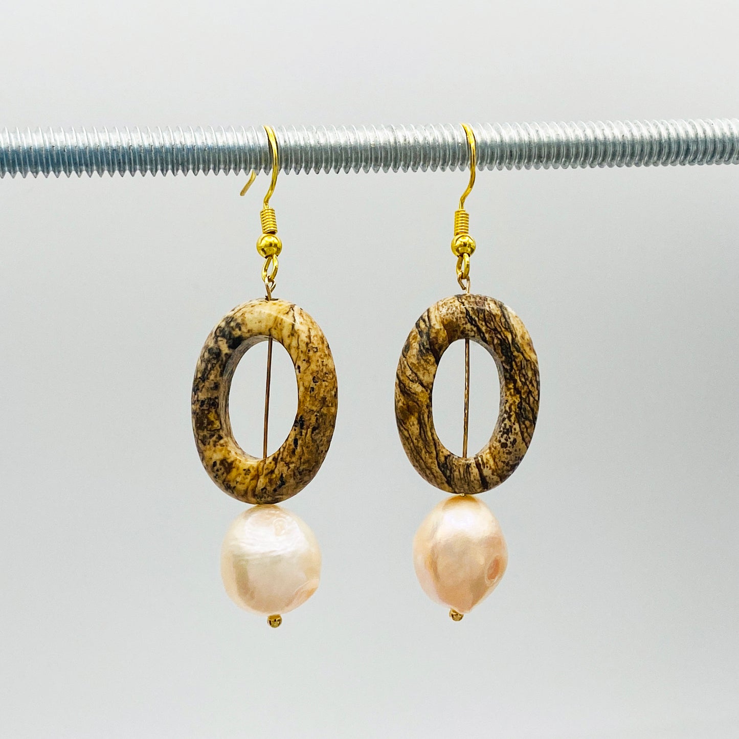 Natural Jasper Stone Earrings with Freshwater Pearl Dangles, Boho-Chic for Everyday Wear