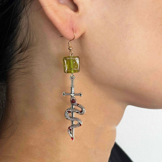 Silver Snake Sword Dangle Earrings – Green Glass Cube Beads, Gothic Fantasy Statement Jewelry