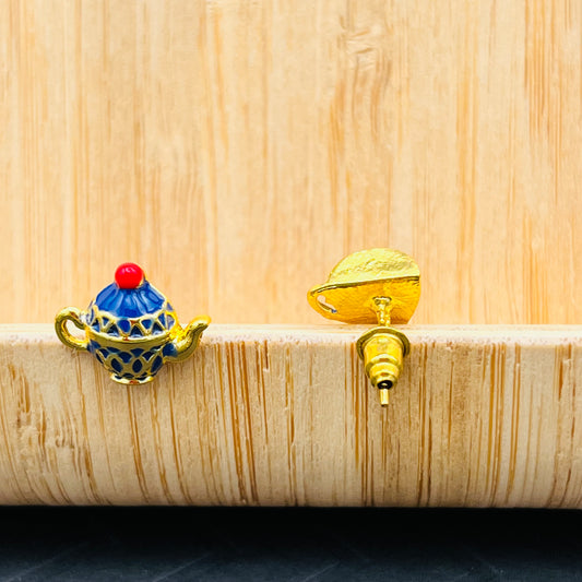 Blue Tea Bottle & Teacup Stud Earrings - Boho Chic Minimalist Gold Jewelry