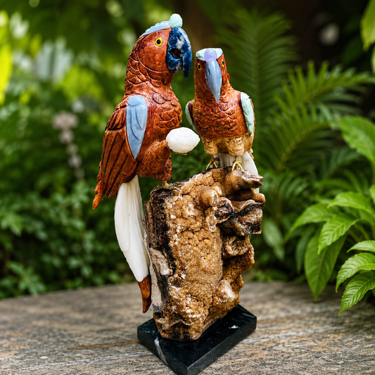 Handcrafted Gemstone Parrot Pair Sculpture – Natural Stone Tropical Bird Home Decor