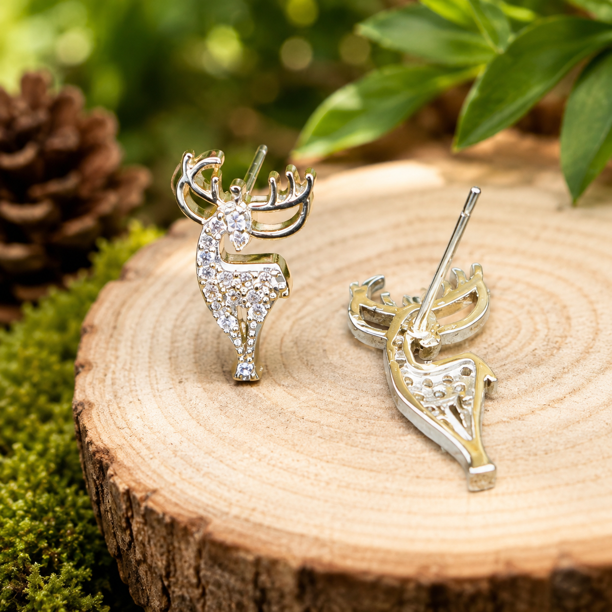 Crystal Reindeer Stud Earrings – Silver Deer Nature Jewelry