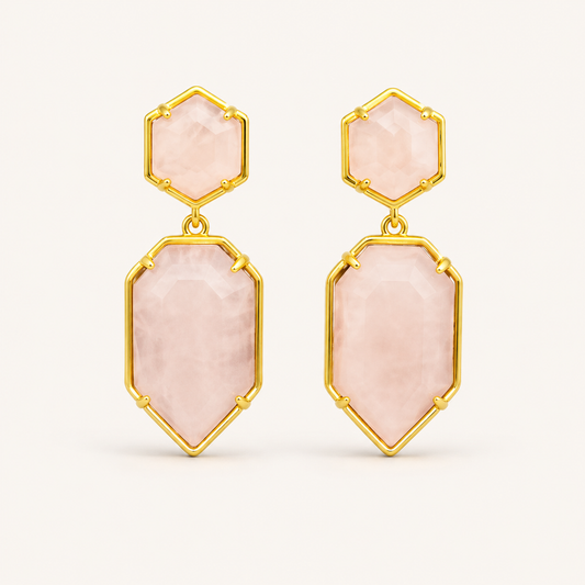Rose Quartz Geometric Dangle Earrings – Gold-Tone Pink Gemstone Jewelry