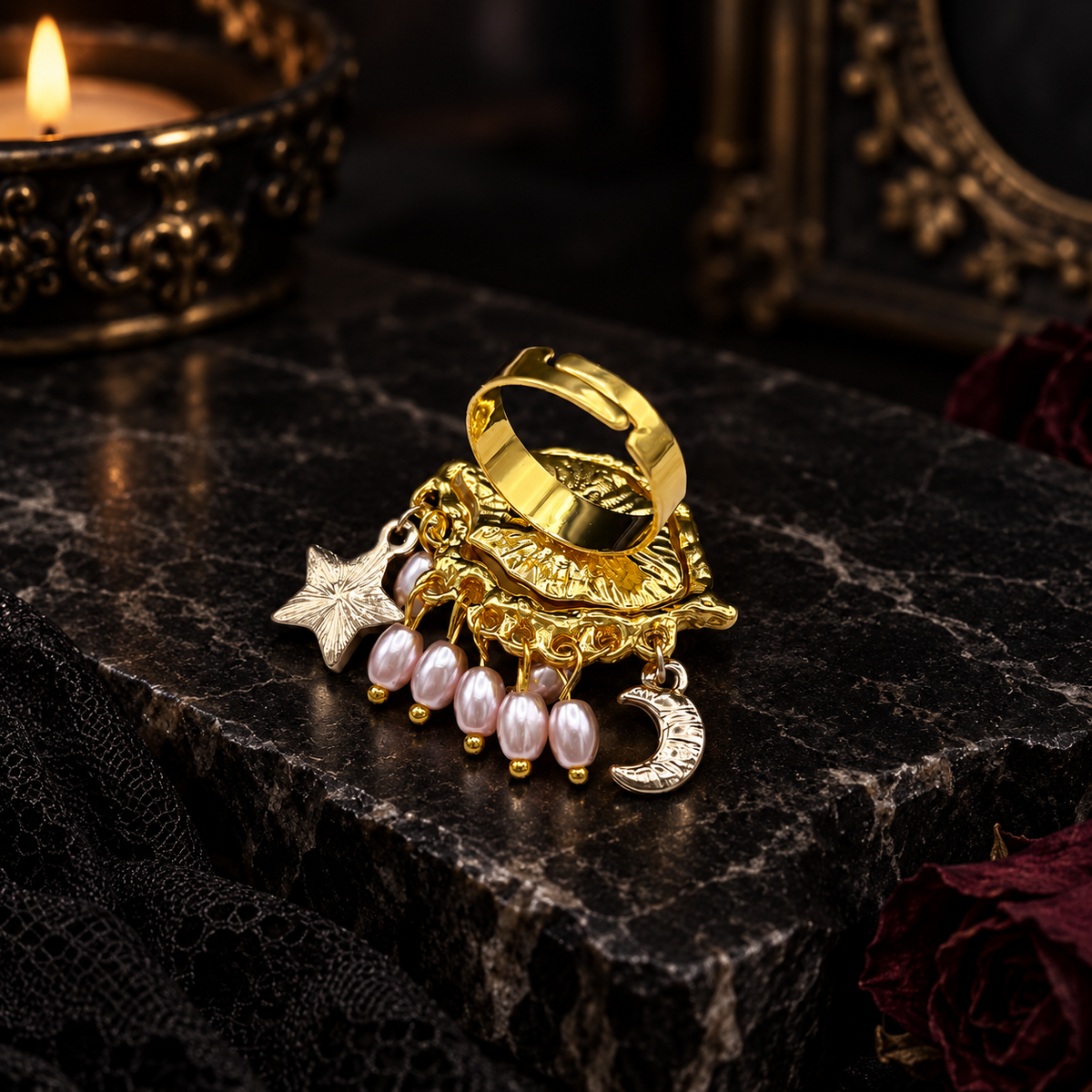 Gothic Evil Eye Statement Ring | Green Eye, Pearl Drops & Celestial Moon Star Details
