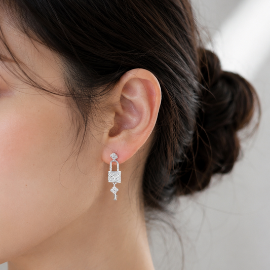 Silver Lock & Key Love Earrings with Cubic Zirconia