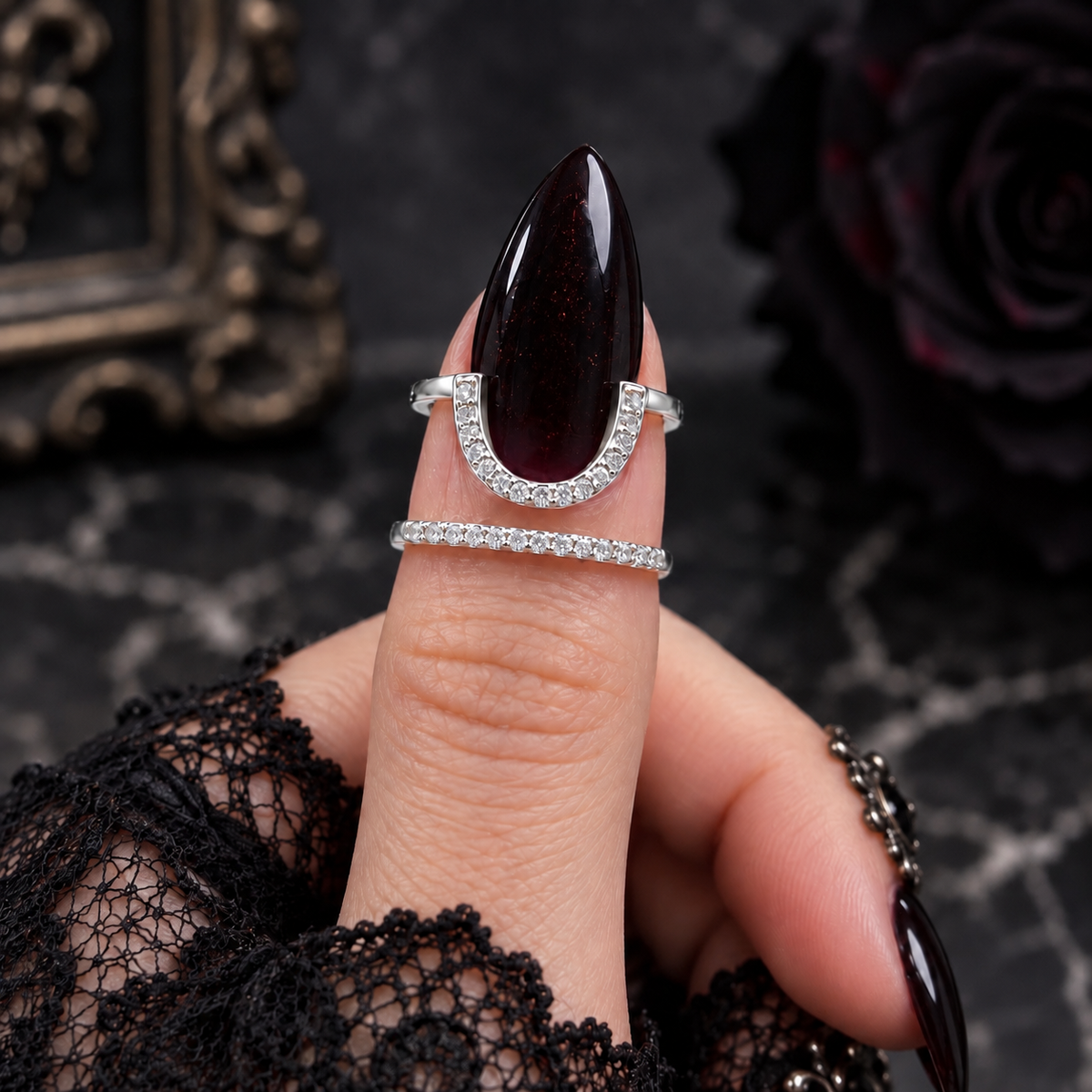 Gothic Crystal Fingernail Rings | Adjustable Silver-Tone Nail Tip Statement Jewelry