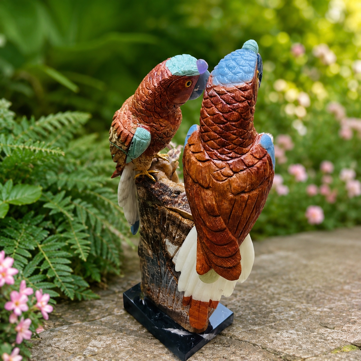 Handcrafted Gemstone Parrot Pair Sculpture – Natural Stone Tropical Bird Home Decor