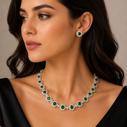 Emerald Green Crystal Necklace & Stud Earrings Set – Floral Statement Jewelry