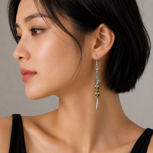 Medieval Silver Sword with Skull Dangle Earrings | Gothic Gold Skull and Dagger Statement Jewelry