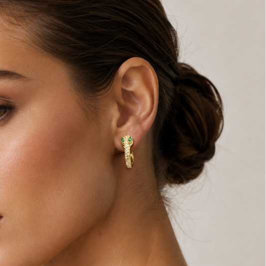 Gold Snake Huggie Hoop Earrings with Green Crystal Eyes | Gothic Serpent Jewelry