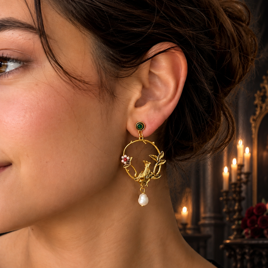 Victorian Gold-Tone Bird & Pearl Drop Earrings - Baroque Floral Statement Jewelry