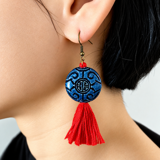 Lucky Red & Blue Tassel Earrings | Asian-Inspired Statement Jewelry