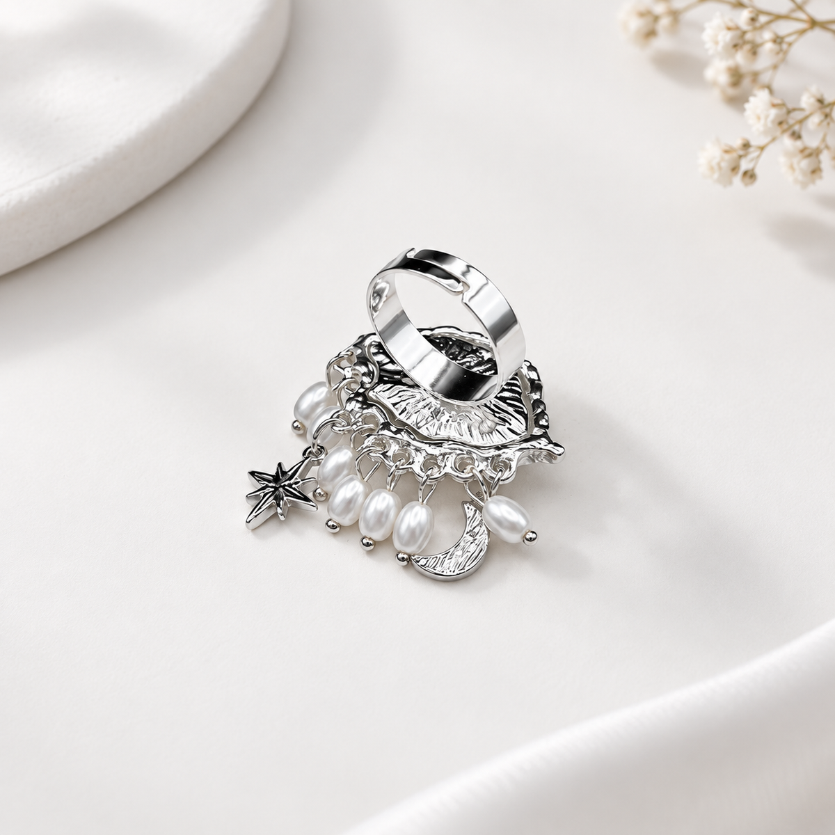 Gothic Green Evil Eye Ring | Silver-Tone Celestial Statement Ring with Pearl Drops