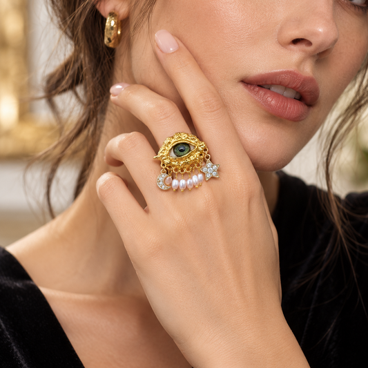 Gothic Evil Eye Statement Ring | Green Eye, Pearl Drops & Celestial Moon Star Details