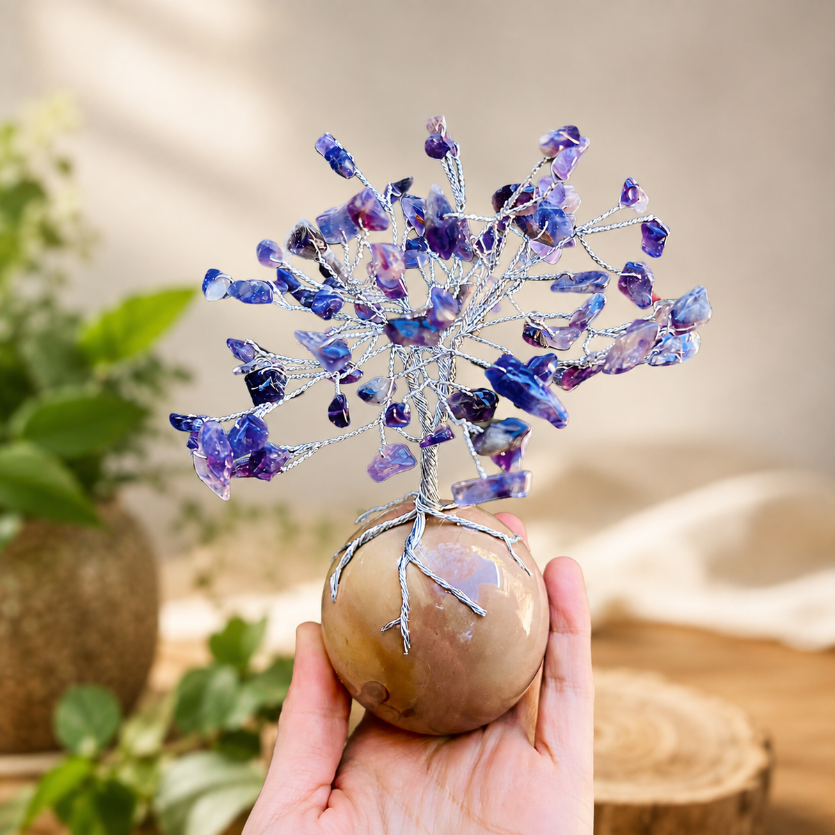 Handmade Amethyst Gemstone Tree on Polychrome Jasper Sphere – Crystal Tree of Life Home Decor