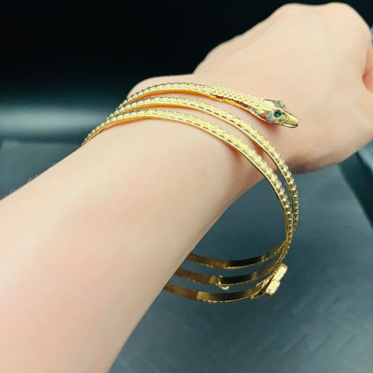 Emerald-Eyed Gold Snake Arm & Wrist Bracelet | Statement Serpent Jewelry