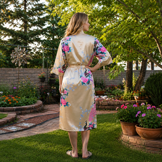 A woman stands in a garden yard wearing a beige satin kimono-style robe with colorful floral and bird prints, shown from the back.