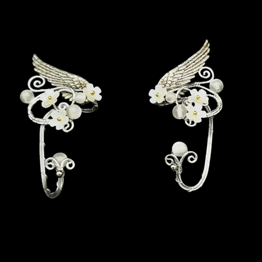 Adjustable Silver Elf Ear Cuffs | Gem Flower & Angel Wing Ear Wraps | Elven & Fairy Jewelry