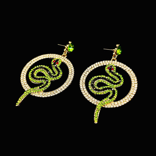 Green Snake Sparkling Gold Hoop Earrings with Ruby Red Eyes | Serpent Dangle Statement Jewelry | Gothic Festival Earrings