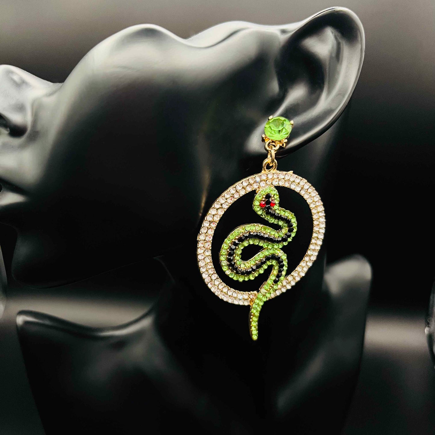 Green Snake Sparkling Gold Hoop Earrings with Ruby Red Eyes | Serpent Dangle Statement Jewelry | Gothic Festival Earrings
