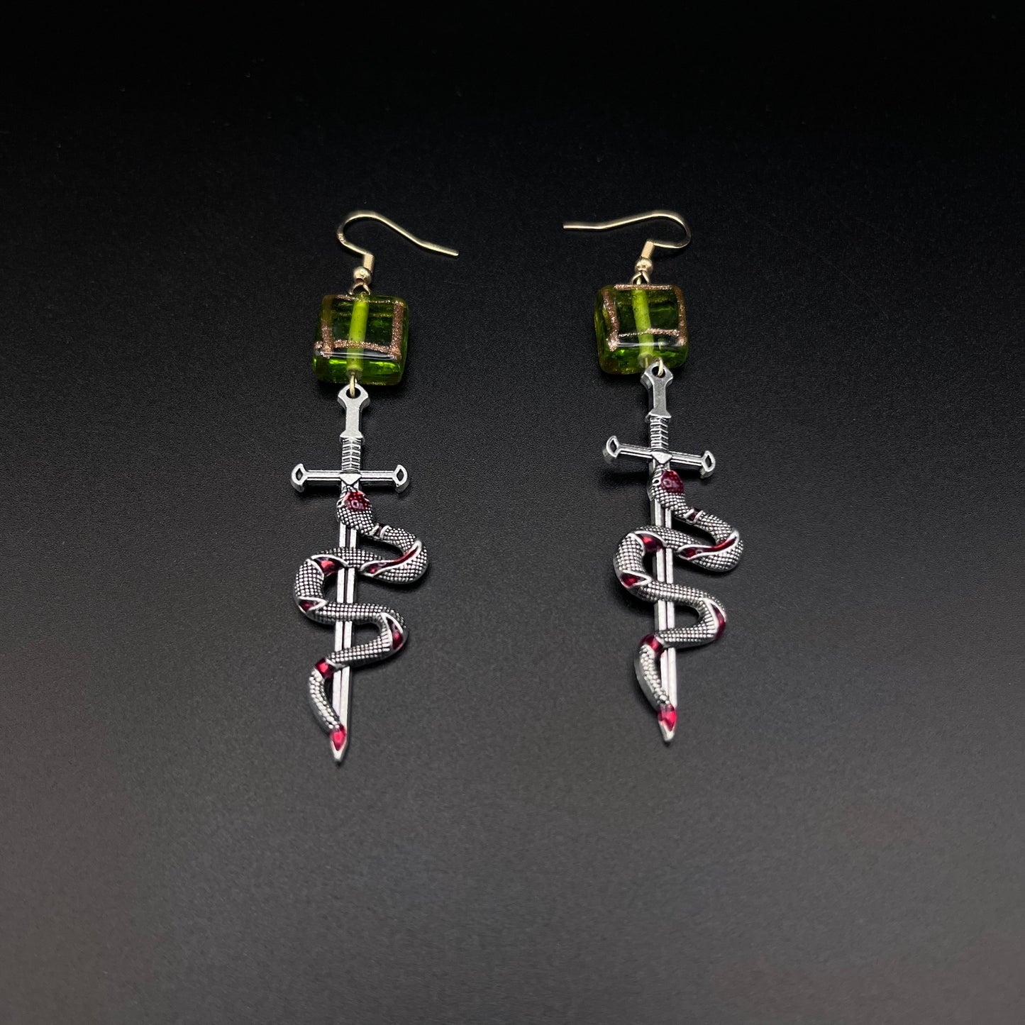 Silver Snake Sword Dangle Earrings – Green Glass Cube Beads, Gothic Fantasy Statement Jewelry