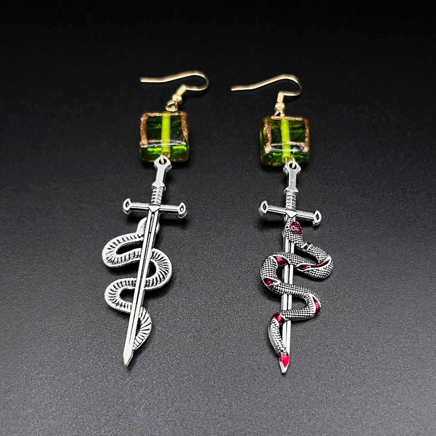 Silver Snake Sword Dangle Earrings – Green Glass Cube Beads, Gothic Fantasy Statement Jewelry