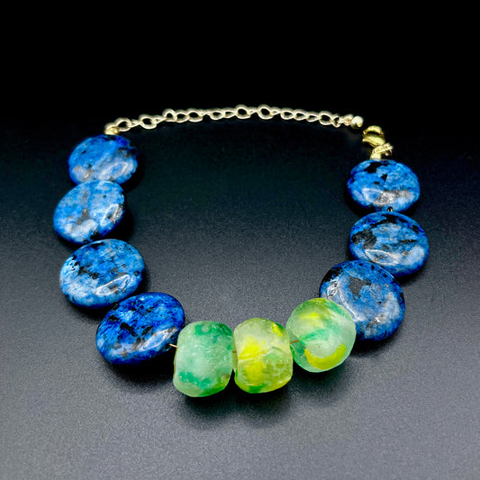 Blue Jasper & Frosted African Green Bead Bracelet – Handmade Statement Gemstone Jewelry