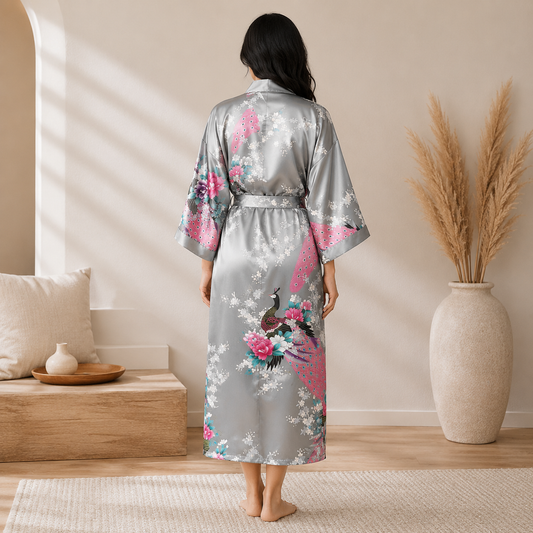 A woman stands with her back to the camera wearing a gray satin kimono robe decorated with pink peacocks, white cherry blossoms, and a bird motif. The setting is a warm, sunlit room with a wooden bench, decorative pillows, and a large beige vase with dried pampas grass.