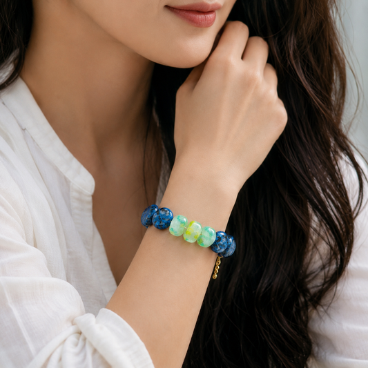 Blue Jasper & Frosted African Green Bead Bracelet – Handmade Statement Gemstone Jewelry