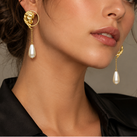 A close-up of a woman wearing a pair of gold drop earrings with a circular medallion design and a teardrop-shaped white pearl dangle, paired with a black satin shirt against a neutral gray background.
