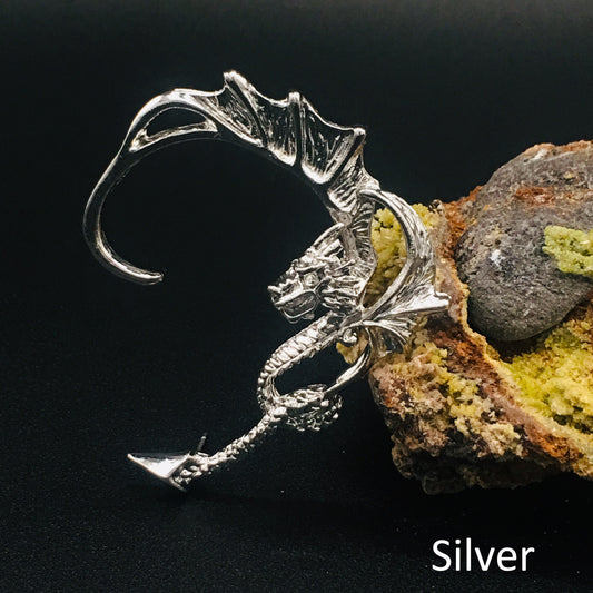 Gothic Silver Chinese Dragon Ear Cuff | Vintage Fantasy Dragon Dangle Earring for Left Ear | Boho Hippie Jewelry