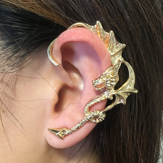 Gothic Gold Fantasy Dragon Ear Cuff | Left Ear Wrap Jewelry