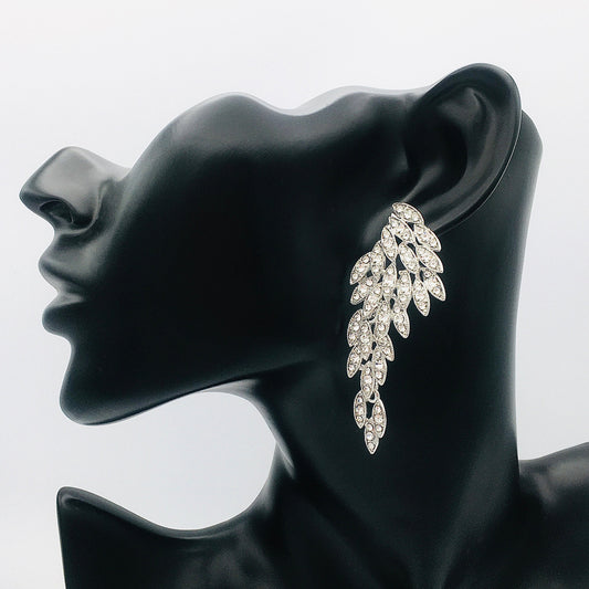 Gothic Silver Angel Wing Feather Crystal Earrings | Eagle Feather Dangle Jewelry