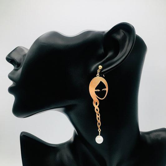 Gold-Toned Long Braid Girl Pearl Dangle Earrings