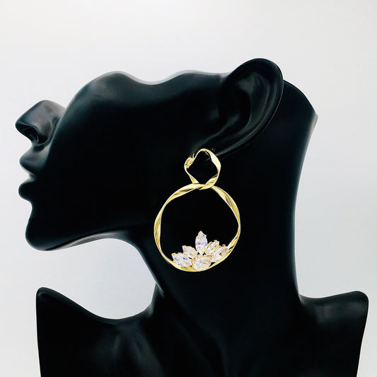 Golden Crystal Floral Hoop Earrings | Elegant Wildflower Dangles with Large Crystal Clusters