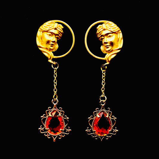 Renaissance Goddess Portrait Earrings with Ruby Red Crystals