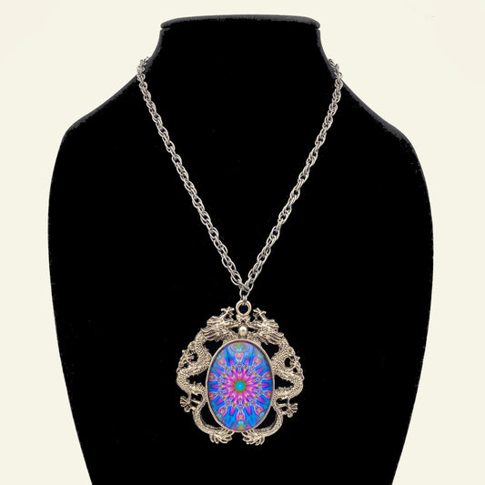 Gothic Vintage Sliver Double Dragon with Colorful Pendant Chain Necklace