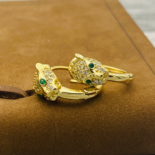 Gold Jaguar Hoop Earrings with Emerald Eyes
