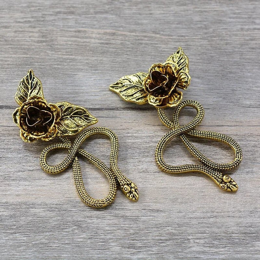 Victorian-Style Vintage Gold-Toned Rose and Snake Dangle Earrings | Golden Floral Serpent Jewelry