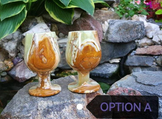 Vintage Green Onyx Marble Wine Goblets - Set of Two | Elegant Stone Wine Cups, Barware, Cordials | Unique Gift for Wife