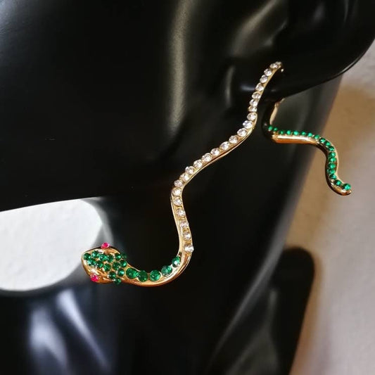 Vintage Gold-Toned Snake Earrings with Emerald Eyes | Statement Bohemian Snake Jewelry | Perfect Gift for Her, or Him